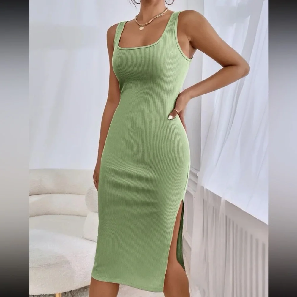 Square neck Ribbed Knit Split Thigh Tank midi Dress royal blue - Picture 15 of 15